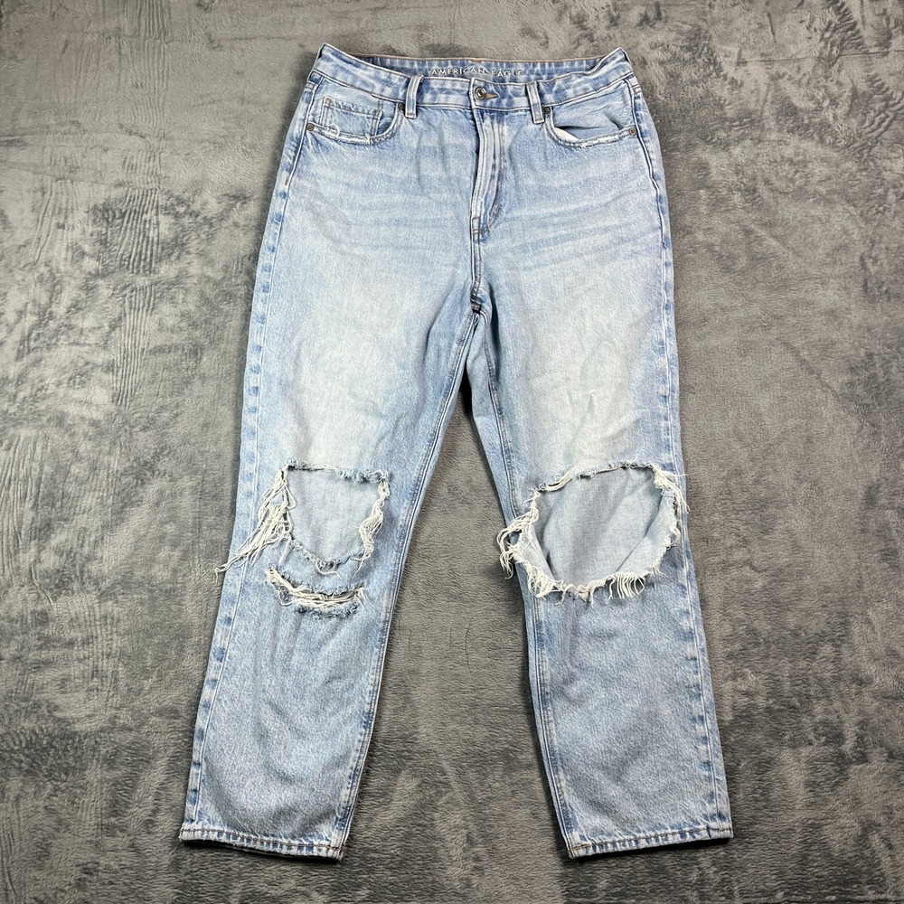 American Eagle Outfitters Jeans Women 12R Blue Whiskered Denim Distressed Cotton